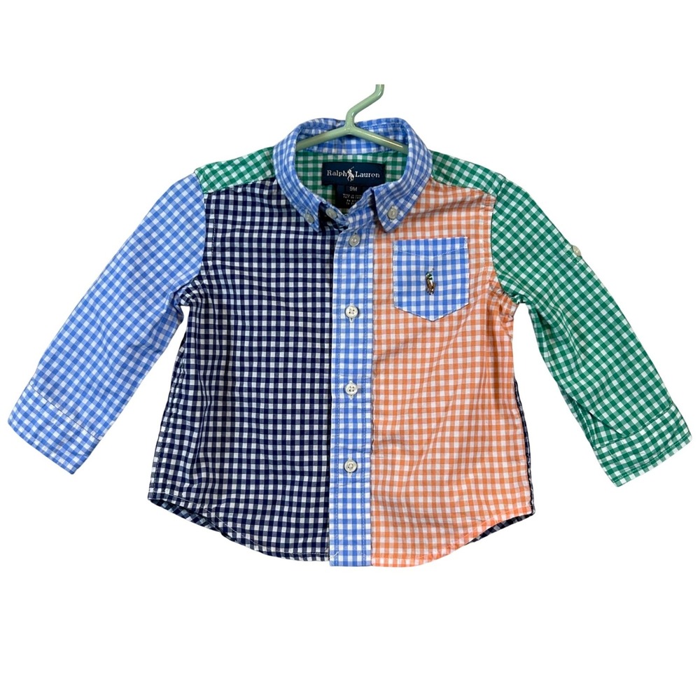Ralph Lauren Kids Multi Color Gingham Patchwork Button Down Shirt 9M Pony Logo
